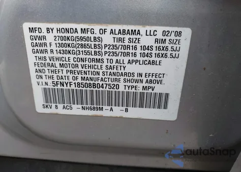 2008 Honda Pilot Ex-L из США, поврежденный, VIN 5FNYF18508B047520